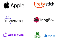 Icônes des appareils compatibles avec le service IPTV atlas pro : Android, iOS, Windows, Smart TV, Firestick, MAG Box.