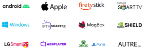 Icônes des appareils compatibles avec le service IPTV QHDTV : Android, iOS, Windows, Smart TV, Firestick, MAG Box.
