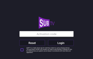 Interface de connexion de l'application SUBTV avec champ pour le code d'activation.