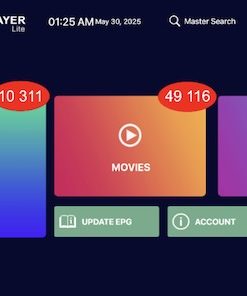 nterface d'une application IPTV premium avec des sections pour la télévision en direct, les films et les séries.